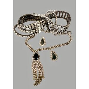 Vintage Gunmetal Rhinestone Jewelry Black Teardrop Necklace Bracelets Earrings